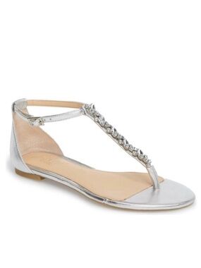 Jewel Badgley Mischka Gabby T-Strap Evening Flat Sandals in Silver Size 8